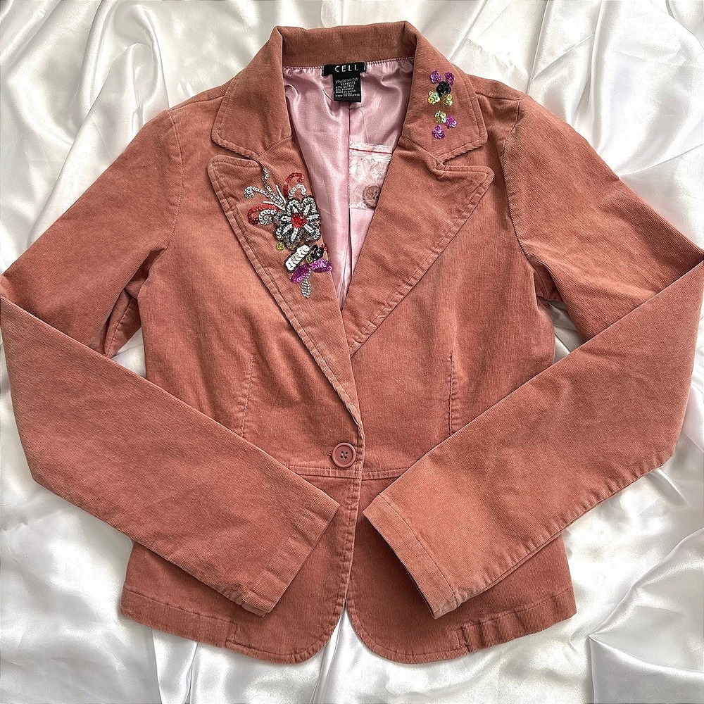 Cell Women Mauve Corduroy Embroidered Sequin Blazer Jacket IMP-766 Small